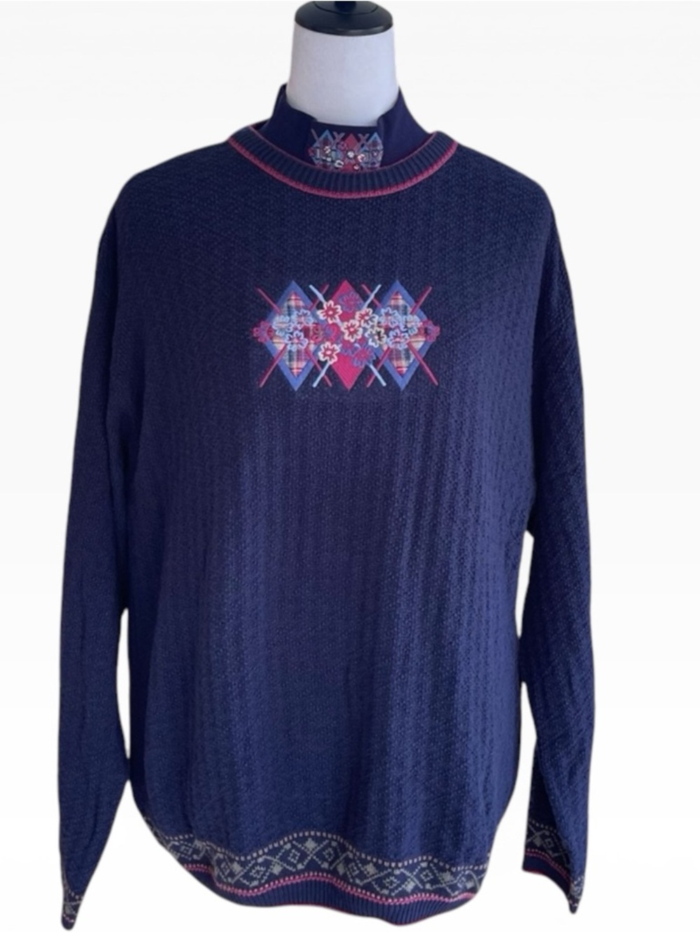 Vintage 2pc Northern Reflections Navy Blue Knit Embroidered Sweater Long Sleeve